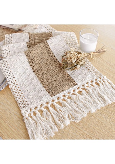 Boho Masa Örtüsü - 250 Cm Uzunluğunda, Krem Ve Kahverengi Rustik Makrome, Bohem Yemek Ve Yatak Odası Dekoru, Gelin Diğer