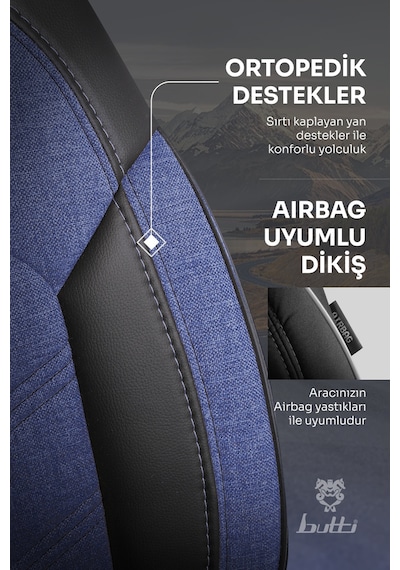 Mavi - Siyah Butti Bello Serisi Keten Kumaş Premium Oto Koltuk Kılıfı Ortopedik Destekli, Ön Arka Tam Set