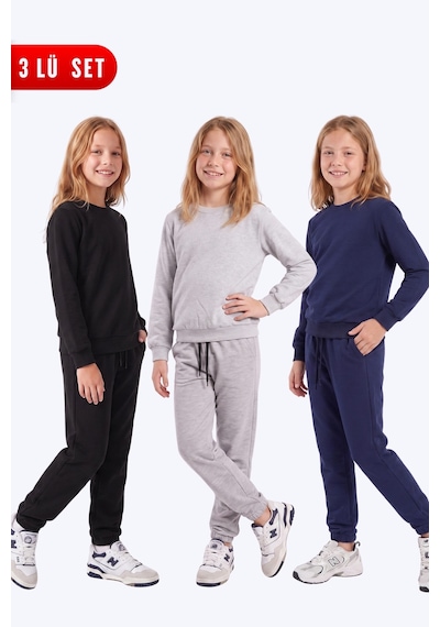 Fyk Kids Kız Çocuk 3'lü Düz Bisiklet Yaka Çift Cepli Eşofman Takımı Siyah-gri-lacivert Fyk Kids Kız Çocuk 3'lü Düz Bisiklet Yaka Çift Cepli Eşofman Takımı Siyah-gri-lacivert