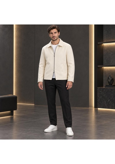 Stormwear Erkek İthal Kaşe Ceket Gömlek Yaka Fermuarlı Cepli Mevsimlik Kaban Mont Beyaz