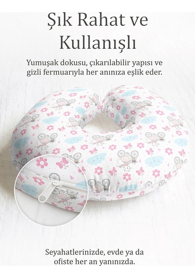 Kedi Bisikletli Pamuklu Boyun Yastığı - Pastel Bulut Pembe Mavi Çocuk & Yetişkin Seyahat Yastığı Çok Renkli