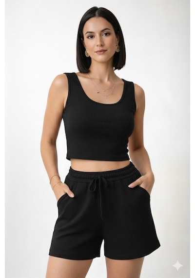 Trend Alisse Kadın Beli Lastikli Siyah Şort Crop Alt Üst İkili Takım