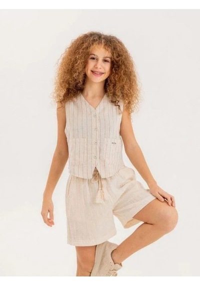 Zekids Kız Çocuk Çizgili Crop Keten Yelek-14245 Bej