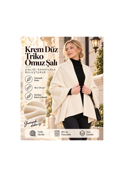 Comerciante Krem Düz Triko Kadın Omuz Şalı Yumuşak Dokulu Kışlık Şal 70x175 Cm %100 Akrilik Ekru - 930337046 Ekru