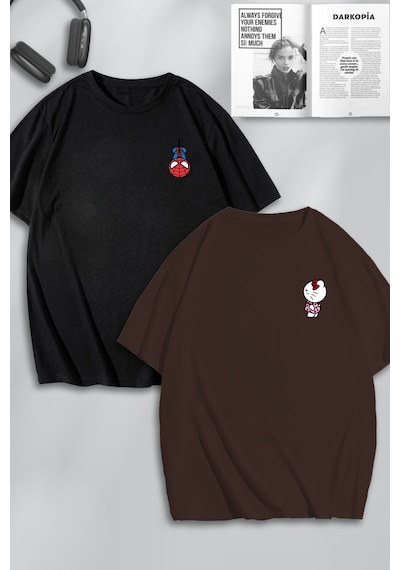 Unisex Kadın Erkek Hello Kitty Spiderman Baskılı Sevgili Çift Kombini Tasarım Oversize Tshirt 2'li Kahvesiyah Mck0145 Çok Renkli