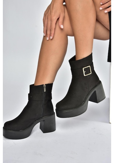 Fox Shoes V726446602 Siyah Süet Kalın Topuklu Kadın Bot Siyah-Süet