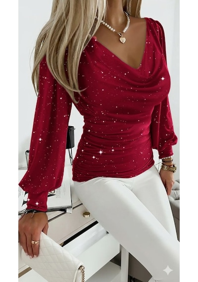 Moderie Butik Kadın Uzun Kollu Degaje Yaka Taşlı Sandy Bluz Kırmızı