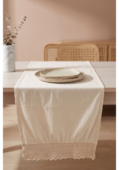 Krem Lacy Pamuklu Dantelli Runner 40x150 Cm
