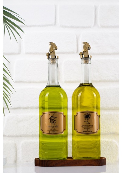 Moss 2'li Ahşap Stantlı Damlatmaz Zeytinyağı Sıvıyağ Şişesi Cam Yağdanlık Seti 1000 Ml 1000ml
