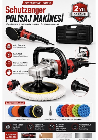 Px17 Devir Ayarlı Polisaj Makinesi Bakır Sargı 12 Parça Ped Seti 2000w 180mm Profesyonel Kırmızı 7c3