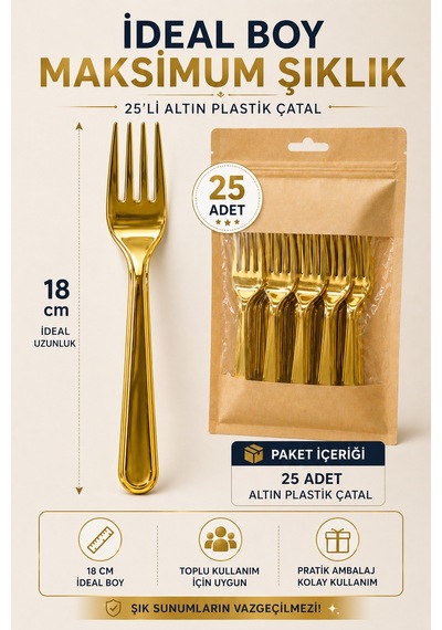 25 Li Altın Plastik Çatal 18 Cm Sert Tek Kullanımlık