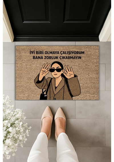 Rugmood Modern Dijital Baskı Paspas - Bana Zorluk Çıkarmayın - Kapı Önü Paspası Kahverengi