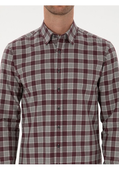Cacharel Bordo Slim Fit %100 Pamuk Kareli Gömlek Kırmızı