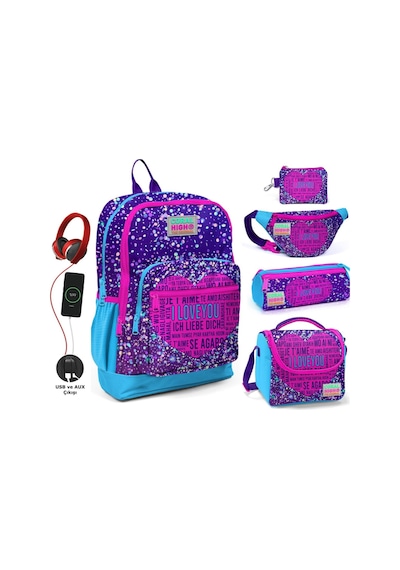Coral High Mor Mavi Kalp Usb Soketli Beşli Okul Çantası Seti - Kız Çocuk Mavi