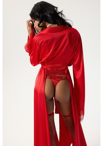 Eclatant Kırmızı Dantelli Uzun Saten Sabahlık / Kimono Kırmızı