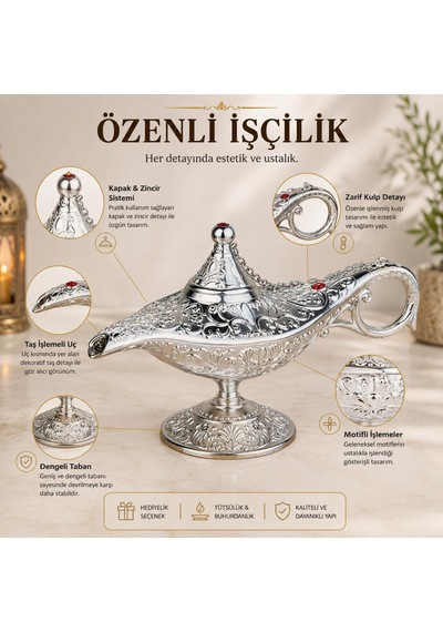 Lüks Alaaddin Sihirli Lamba 35 Cm Tütsülük Buhurdanlık Zamak İşlemeli Dekoratif Biblo Obje 01526515