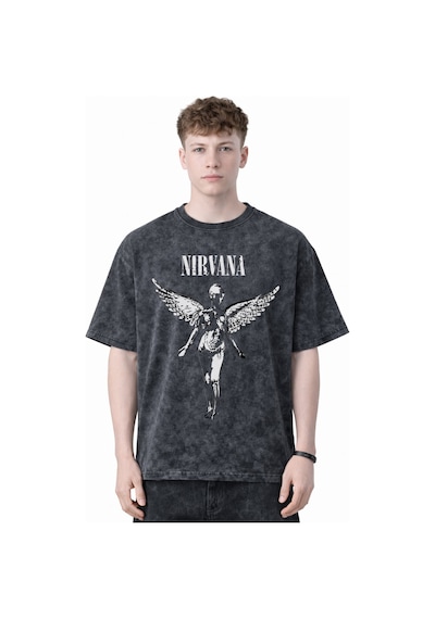 Sevbano Nirvana Rock Metal Müzik Grubu Baskılı Unisex Oversize Eskitme Yı Siyah