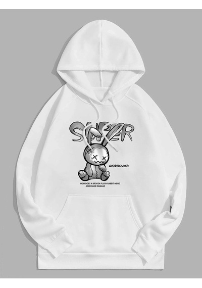 Startmore Unisex Super Baskılı Kapüşonlu Sweatshirt Beyaz Beyaz