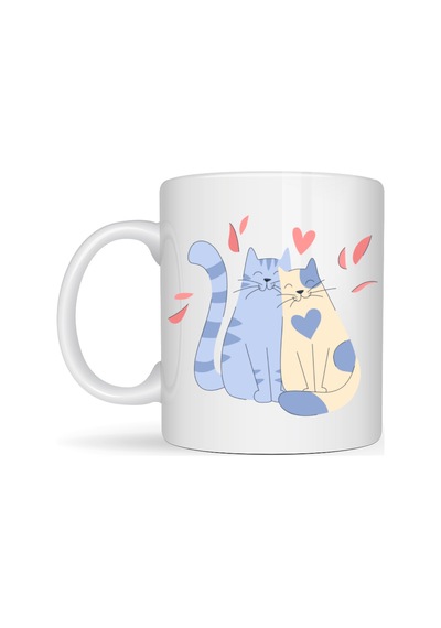 Sevimli Aşık Kediler Desenli Porselen Kupa Model 42 Love Cats Tasarım Sevgiliye Hediye, Kahve & Çay Kupası Diğer