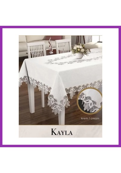 Bezos Keten Dantel Masa Örtüsü Kayla Model 155x220 Cm Krem Yemek Masası Dekoratif Bty