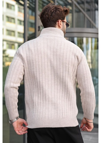 Madmext Taş Rengi Çift Fermuarlı Slim Fit Çizgili Erkek Triko Hırka E7522
