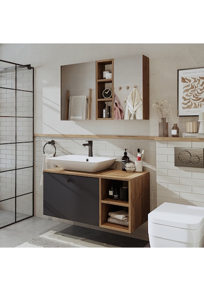 Lotus Lavabolu Mdf 95 Cm Çekmeceli Banyo Dolabı + Aynalı Dolap Atlantik Çam - Beyaz