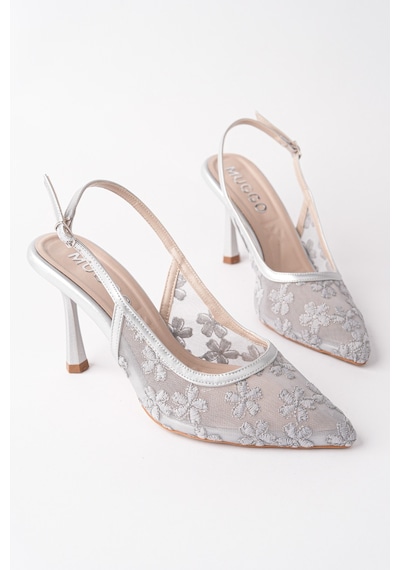 Muggo Aris Dantel Detaylı Sivri Burun Arkası Açık İnce Topuklu Kadın Abiye Ayakkabı Gümüş