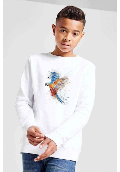 Tshirthane Watercolor Parrot Birds Baskılı Unisex Çocuk Beyaz Sweatshirt Beyaz