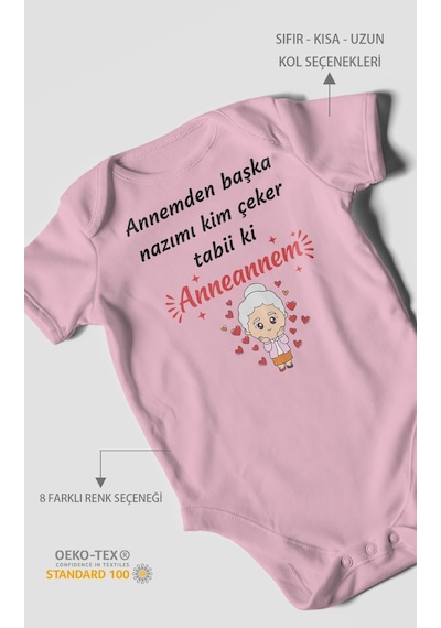 Annemden Başka Nazımı Kim Çeker Tabiki Annanem V2 Baskılı Bebek Zıbını Çıtçıtlı Body Kısa Kol Koyu Pembe