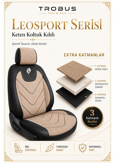 Renault Fluence 2010 Sonrası Uyumlu Leosport Serisi Bej Siyah Ortopedik Keten Koltuk Kılıfı