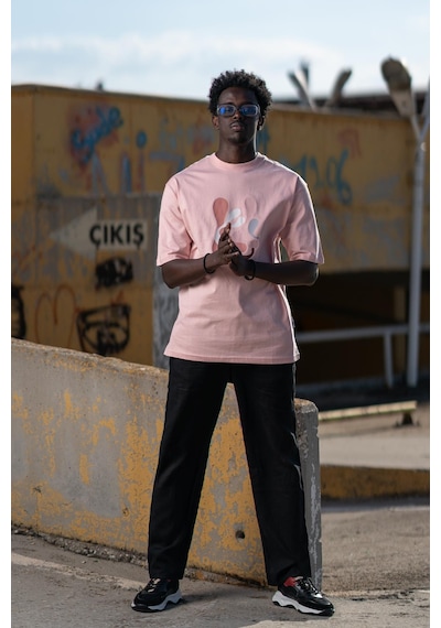 Bisiklet Yaka Lu Önü Baskılı Oversize Geniş Model T-Shirt Pembe