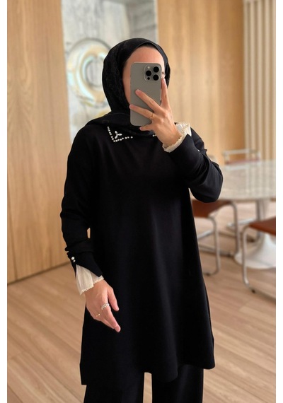 Ka Hijab Kolu Tüllü Merserize Takım - Siyah