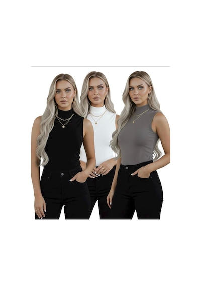 Hashtag Kadın Balıkçı Yaka Sıfır Kol Body 3'lü Set Viskon Kumaş Beyaz