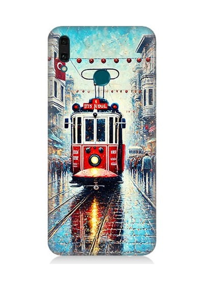 Huawei Y9 2019 Uyumlu Yağmurlu Sokakta Kırmızı Tramvay Desenli Silikon Kılıf Çok Renkli