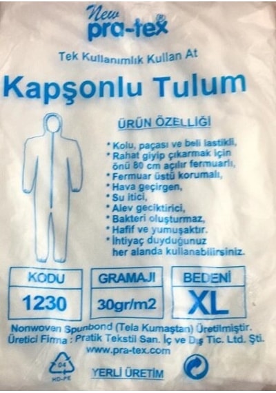 Fermuarlı Tek Kullanımlık Kullan At 30Gr Kapşonlu Tulum Xl Pratex