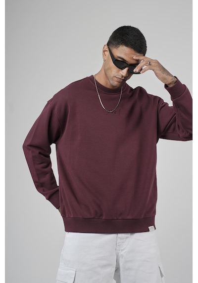 Bisiklet Yaka Logolu Oversize Kalıp Erkek Sweatshirt Bordo
