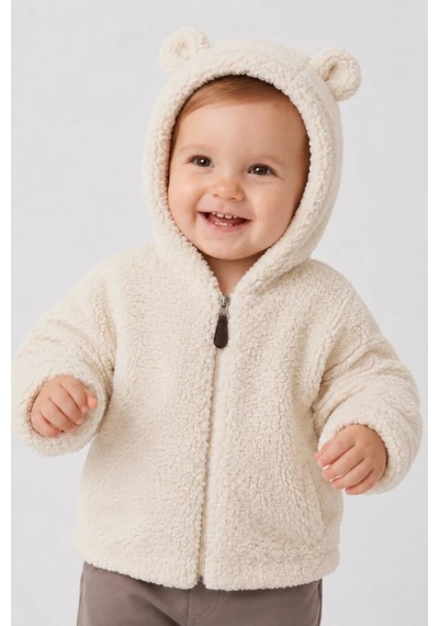 Wofim Kids Bebek Kapüşonlu Peluş Mont Ekru
