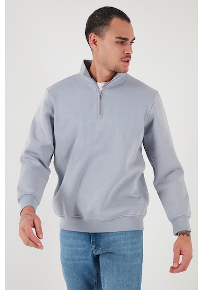 Buratti Pamuklu Regular Fit Yarım Fermuarlı Dik Yaka Erkek Sweat 59052592 Açık Gri