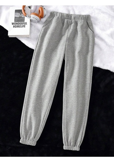 Baskısız Eşofman Altı Jogger - Gri Lastik Paça Yüksek Bel Gri