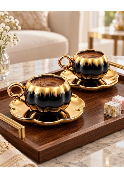 Valkyrie 6 Kişilik Siyah Gold Balkabağı Model Türk Kahvesi Fincan Takımı 12 Parça 80 Ml Çeyizlik Siyah