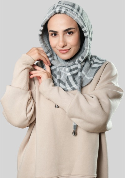 Hürrem Bone Gri Bağcıklı Salaş Balaklava Boyunluklu Bere Jakar Ekoseli 2324 15 Gri