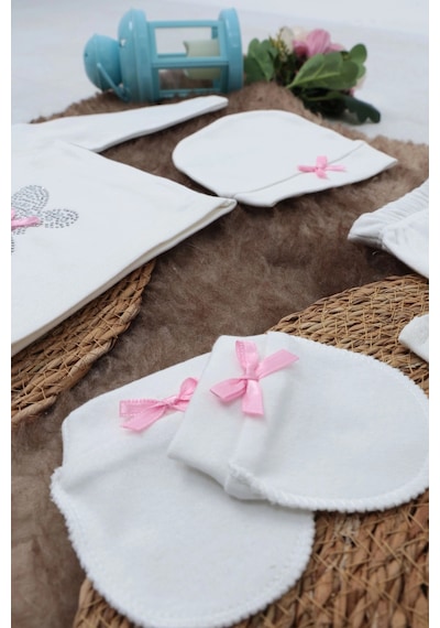 Sema Baby 5 Parça Hastane Çıkışı Zıbın Seti 0-3 Ay - Pink Butterfly Beyaz