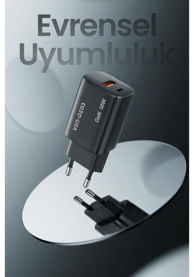 Ven-dens Sp-tc94bg 30 W Pd Hızlı Şarj Adaptörü, Usb-c Ve Usb-a Çift Port, Qc 3.0 Desteği, Siyah