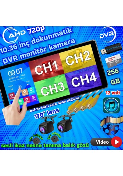 2 Adet Ahd 720p Nesne Tanımalı Sesli İkazlı Kamera 1036 İnç Dvr Dokunmatik Ekran 12 Volt