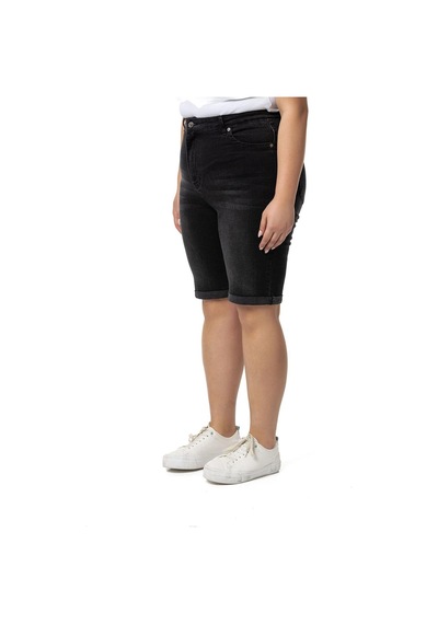 Büyük Beden Paçası Katlamalı Beş Cepli Denim Siyah Şort-siyah Siyah