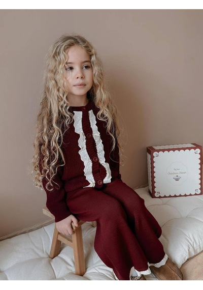 Miniko Kids Kız Çocuk Hırkalı Güpürlü Düğmeli Triko Takım Bordo