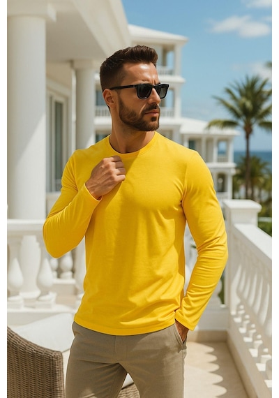 Rich Erkek Uzun Kollu Bisiklet Yaka Tişört - %100 Pamuk Basic Relaxed T-shirt Sarı