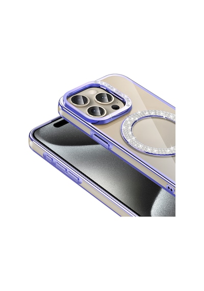 Apple Uyumlu iPhone 15 Pro Kılıf Pırlanta Taş Tasarımlı M-safe Şarj Özellikli Karetta Silikon Kılıf Mor