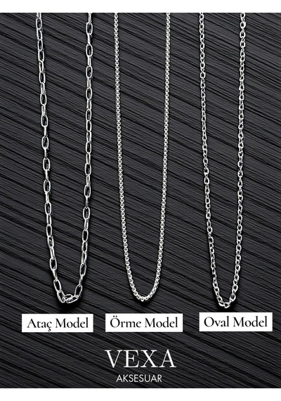 3 Lü Zincir Kolye Seti Ataç, Örme Ve Oval Model Özel Kutulu Hediyelik Set Gümüş