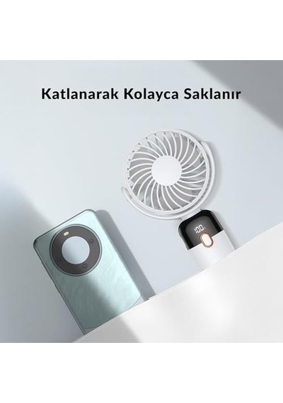 K70 Taşınabilir Şarjlı El Vantilatörü 2400mah 360 Döner Başlıklı Standlı Dijital Ekranlı Soğutucu Fan Beyaz